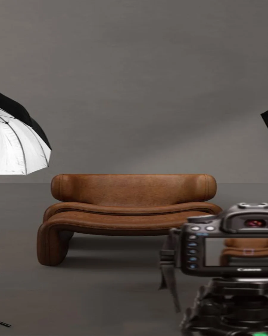 A photography studio with umbrellas, lights and a camera on a tripod