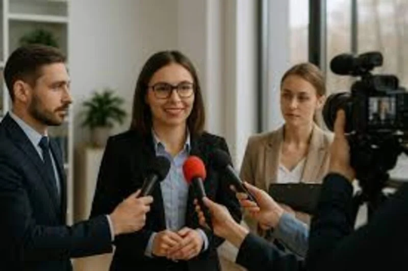 A spokesperson addressing journalists with microphones and cameras