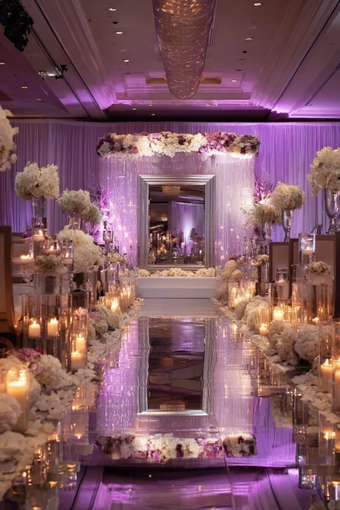 A royal wedding aisle in purple light with floral arrangements in Dubai
