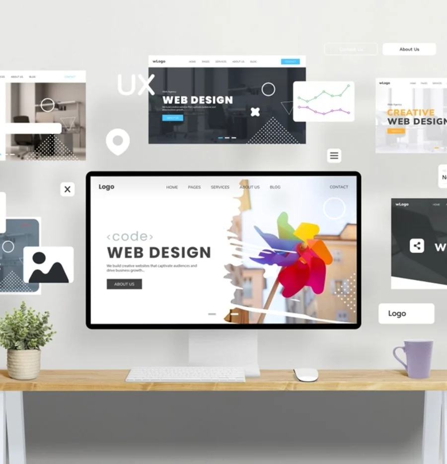 A desk with a monitor showing a website design and layout cards